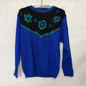 Koret Blue Cable Knit Embroidered Crewneck Sweater Wool Blend Vintage Small